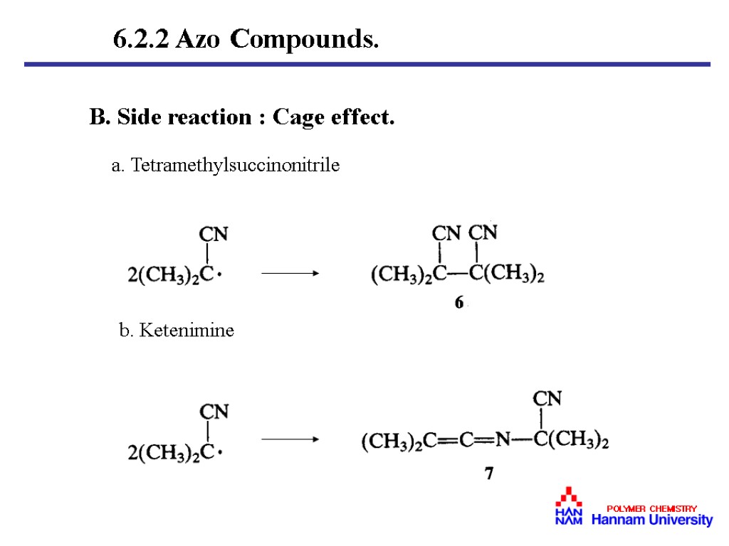 B. Side reaction : Cage effect. a. Tetramethylsuccinonitrile b. Ketenimine 6.2.2 Azo Compounds.